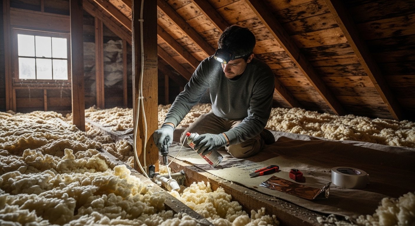 Technician sealing air leaks for energy efficiency